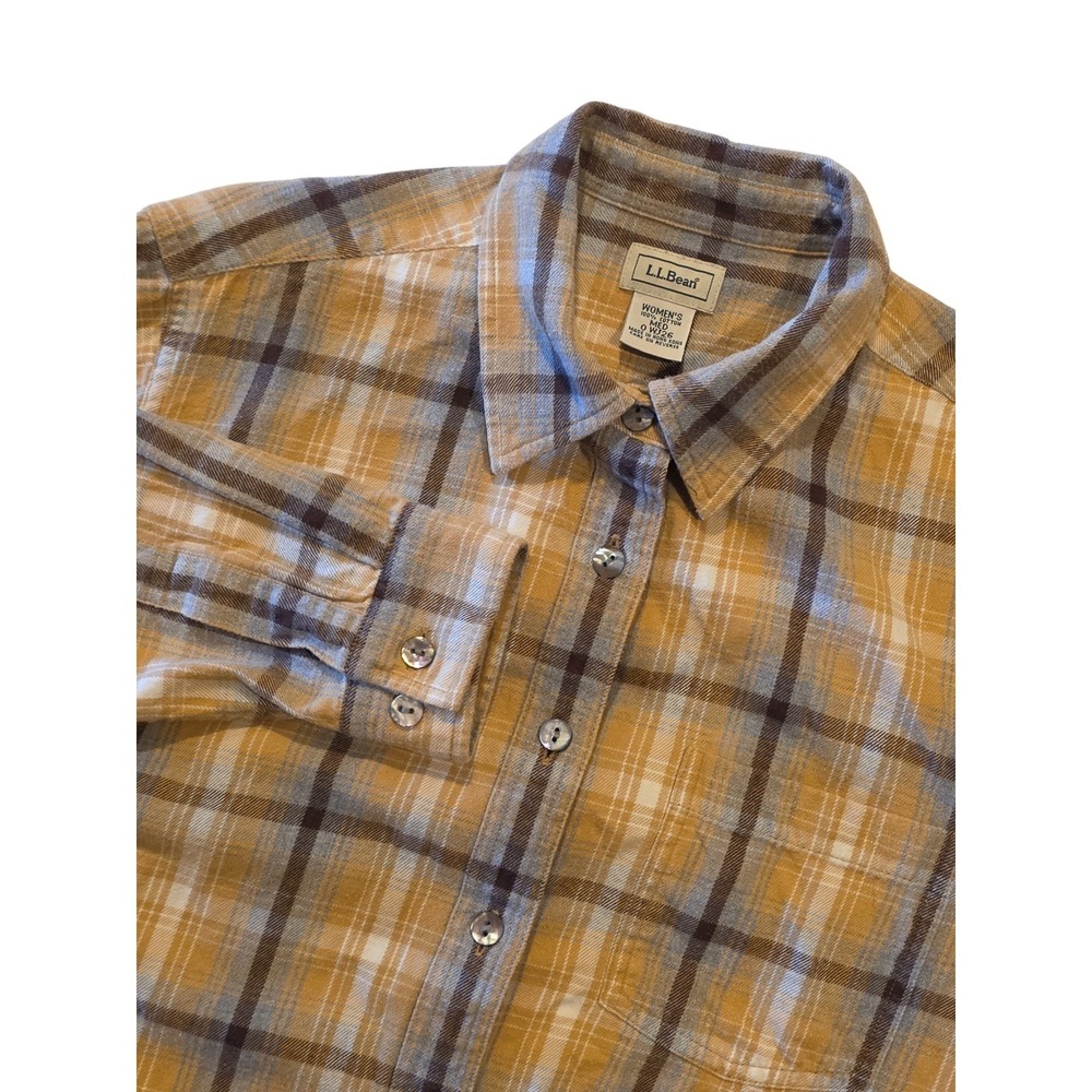 L.L.Bean Flannel Shirt Womens Medium Plaid Yellow Brown Button Up Cotton Y2K Vtg